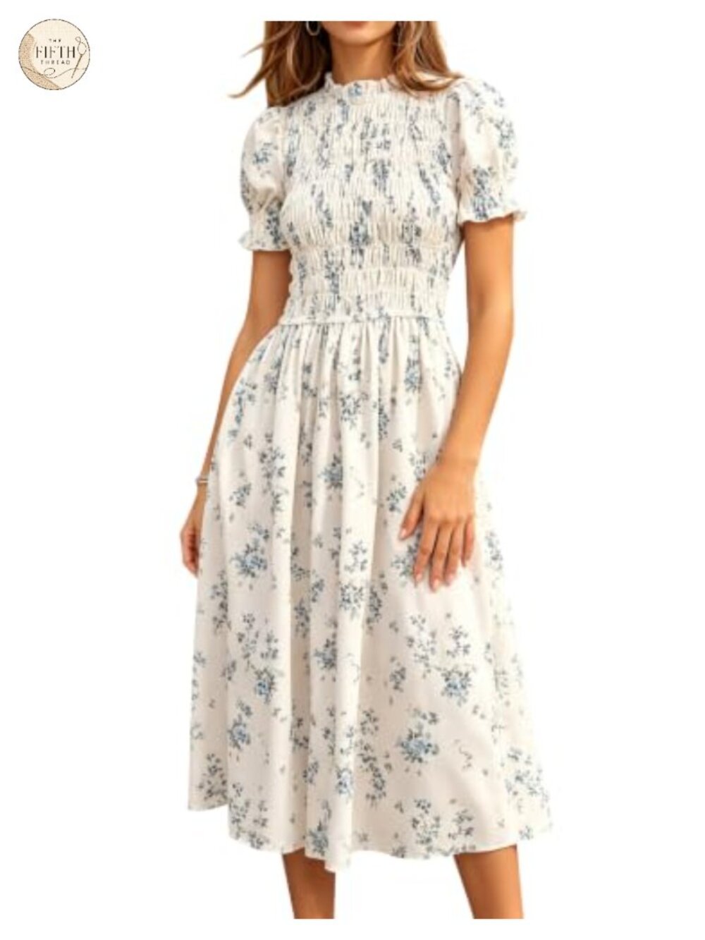 Smocked Midi Dress Short Puff Sleeve Ruffle Boho Plaid